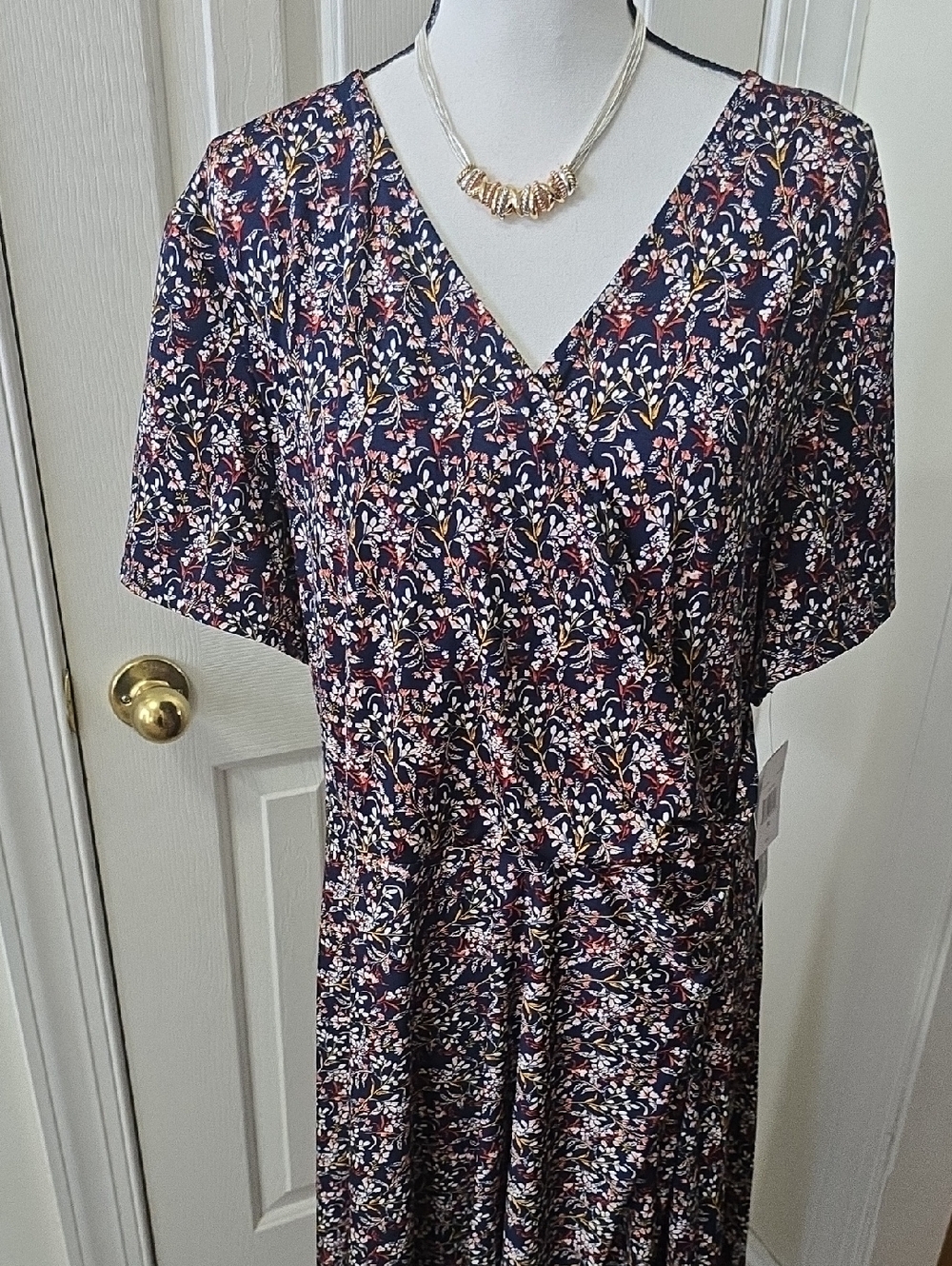 Perceptions Brand Women's Plus Navy Multi Floral V‑Neck Midi Dress Size 1X